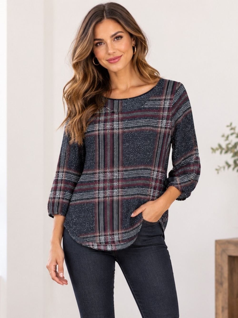 Kaileigh Mixed Plaid Print 3/4 Sleeve Blouse Size Small